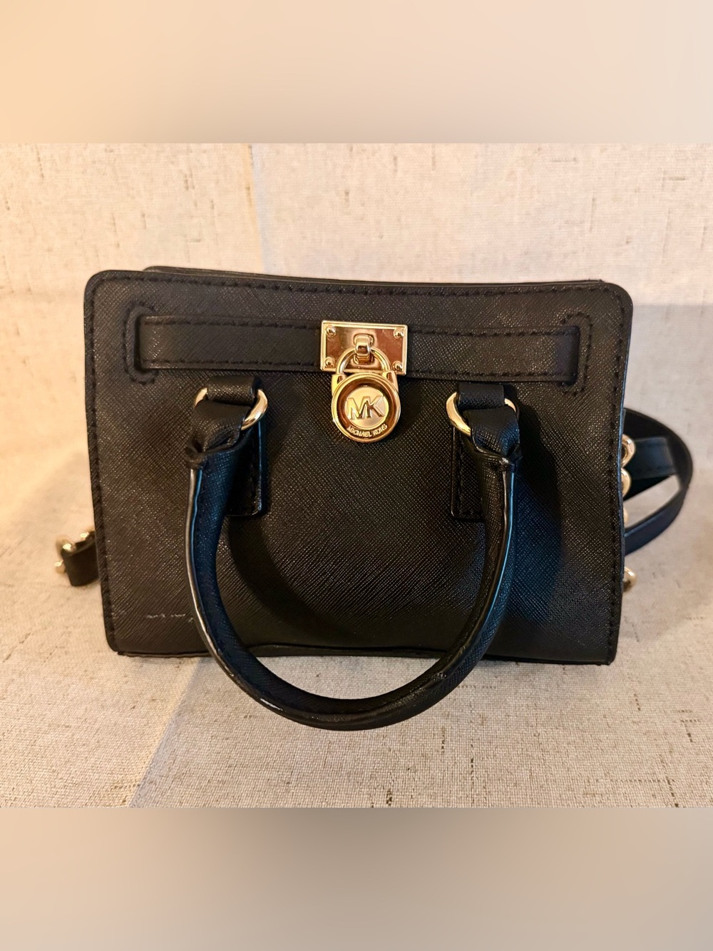 Michael Kors Black Saffiano Satchel with Gold Tone MK Lock